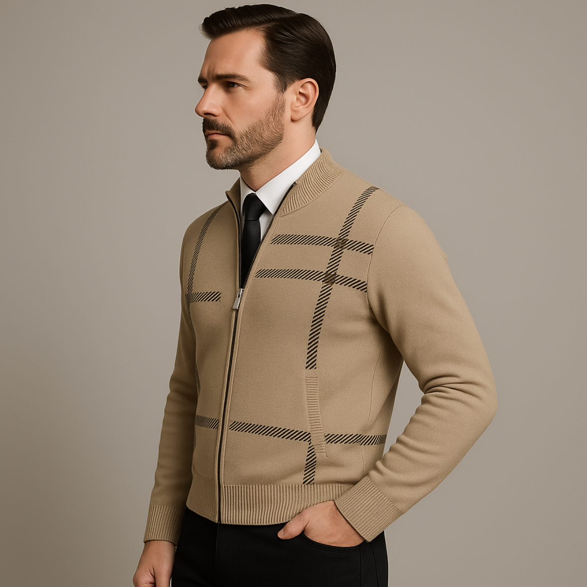 Cardigan Uomo Invernale con Cerniera | Maglia a Collo Alto in Maglia Morbida | Stile Casual Elegante | Colore Grigio | Davide